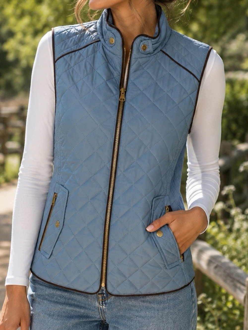 Love Tree Womens Small Blue Quilted Puffer Vest Gold Zip Pockets Equestrian